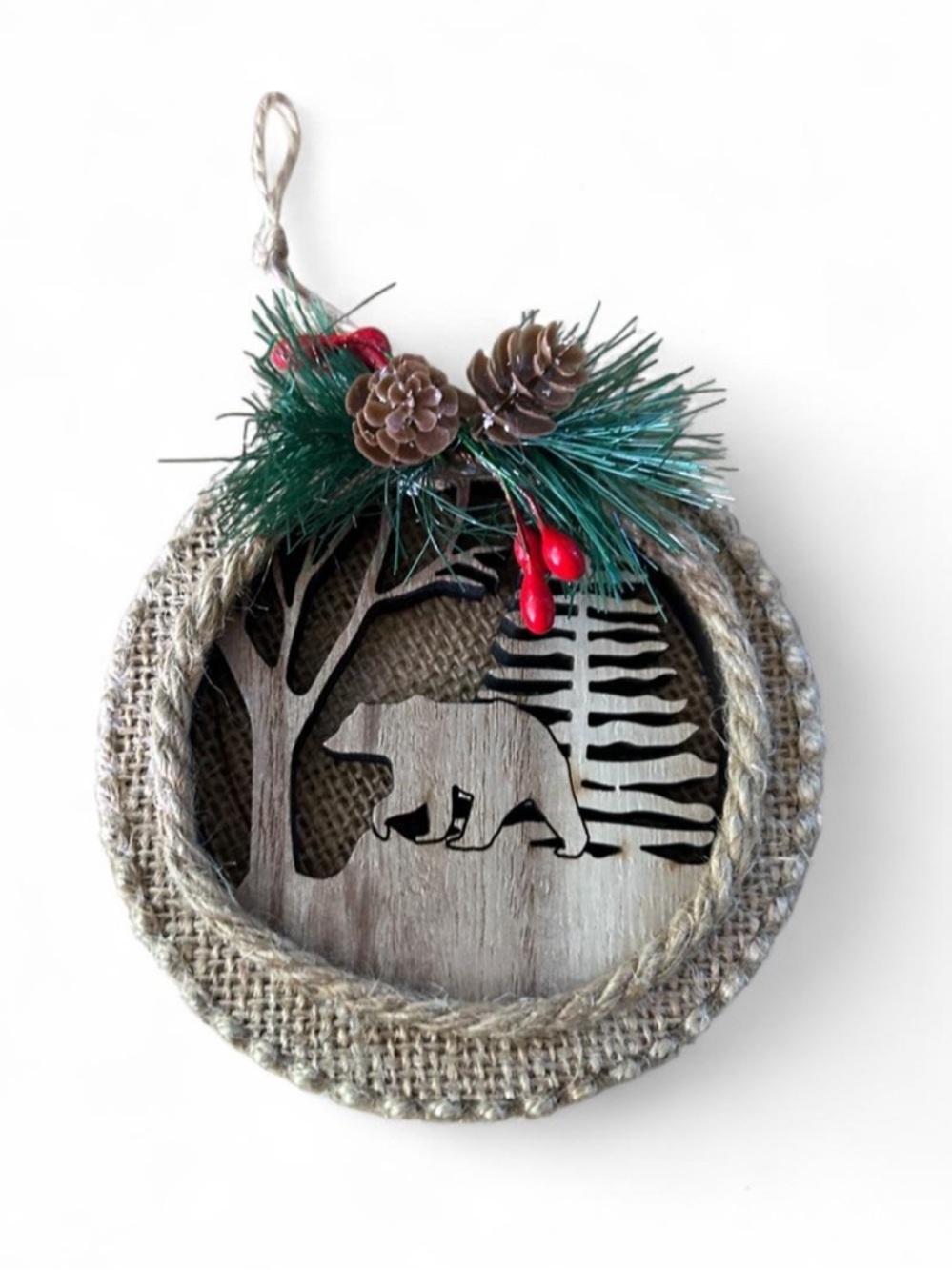Rustic Bear Woodland Hanging Ornament - Natural Burlap and Pine